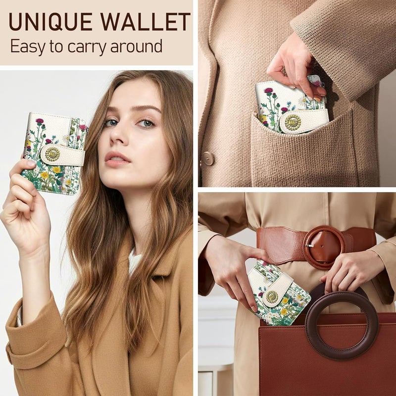 Kelvoris Aesthetic Flower Floral Small Rfid Women Wallet Bifold Zipper Coin Pocket PU Leather Compact Cash Credit Card Holder Travel Wallet for Female Ladies Teen Girls 1 ID Window 10 Card Slots - Image 2